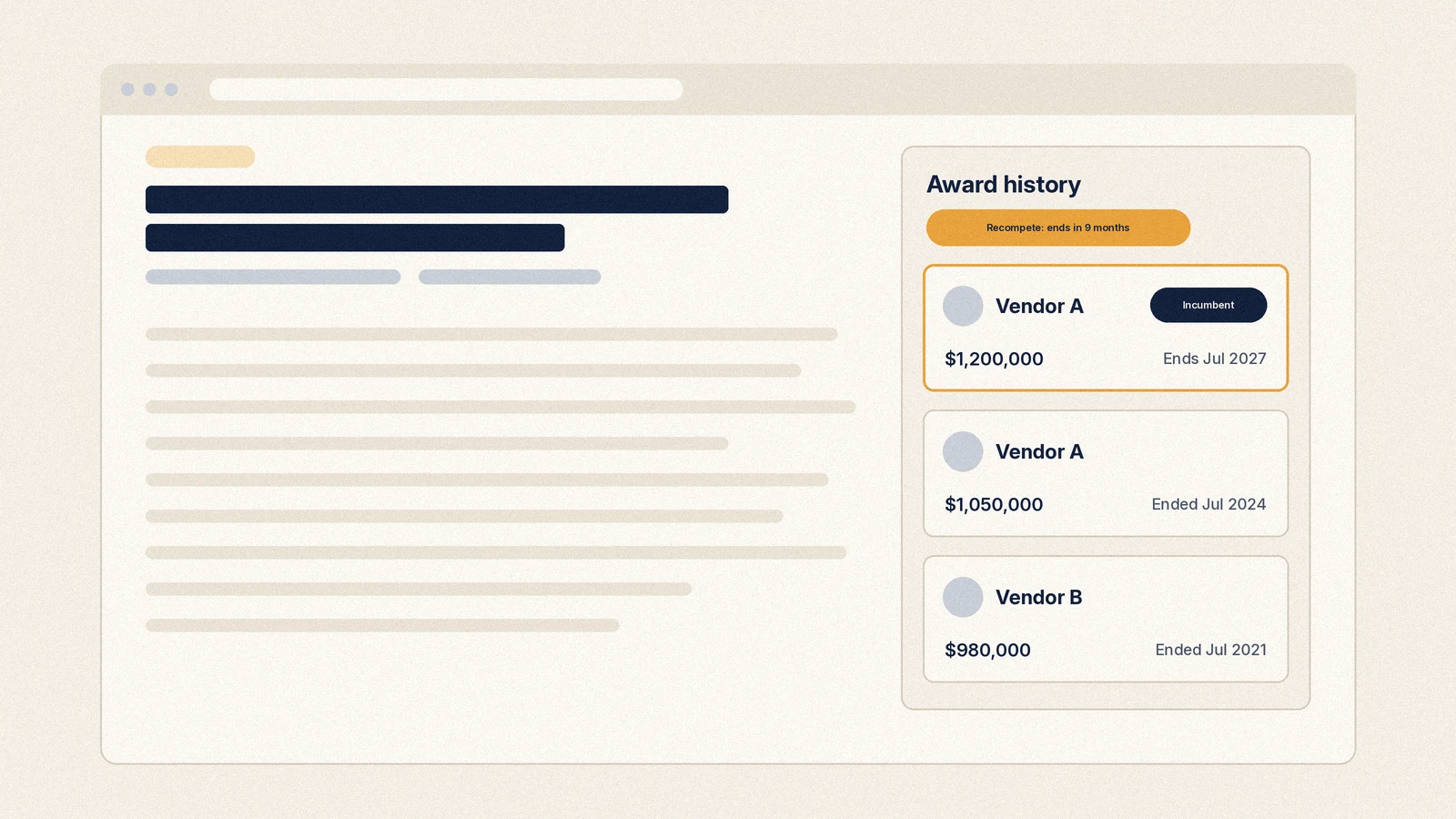 Dashboard view of an open RFP with prior awards, incumbent and recompete date (illustrative example with made-up figures, not a real tabulation)