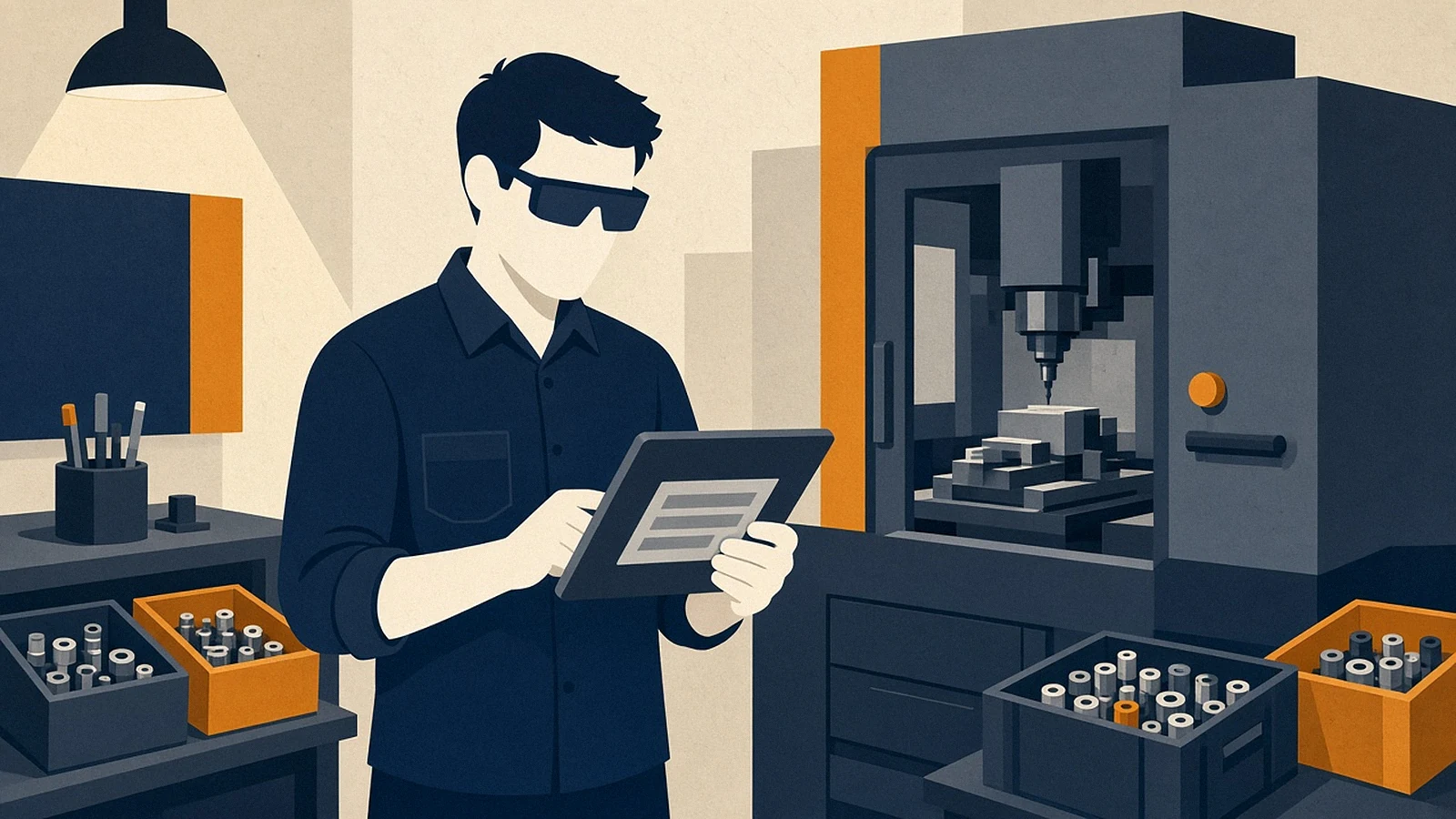 Editorial illustration of a small machine shop owner reviewing a defense parts solicitation at a workbench beside a laptop