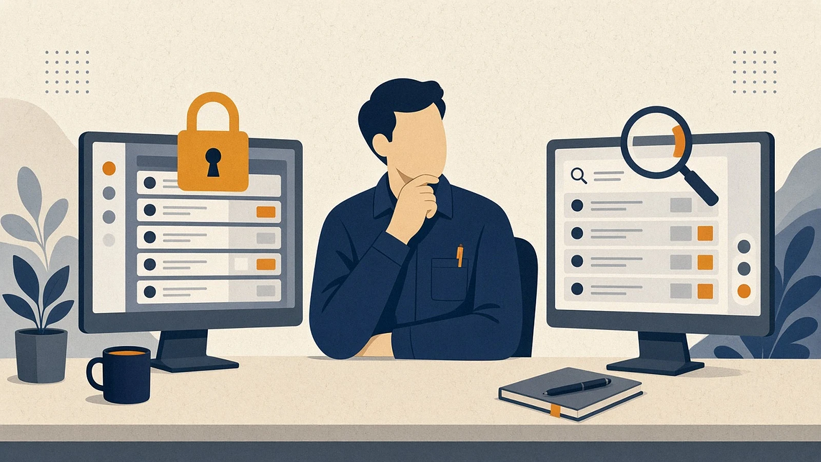 Editorial illustration of a contractor comparing a private eBuy quote inbox with public SAM.gov notices on two screens