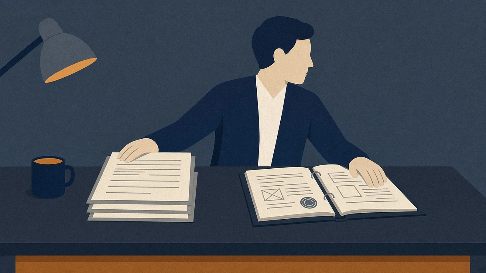 Editorial illustration of a contracting officer at a desk comparing a short stack of vendor responses with a draft work statement